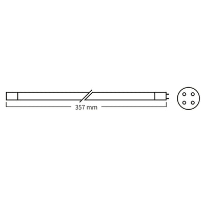 Technische tekening UV-C lamp 40W amalgaam dompel, 357 mm, eindkap met vier pinnen gelijkmatig in een vierkant