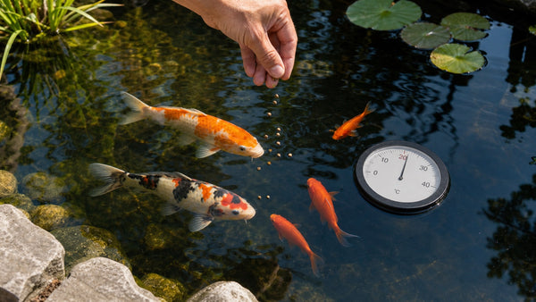 Koi en goudvissen krijgen een kleine portie voer bij ruim 20 graden watertemperatuur in een Nederlandse tuinvijver.