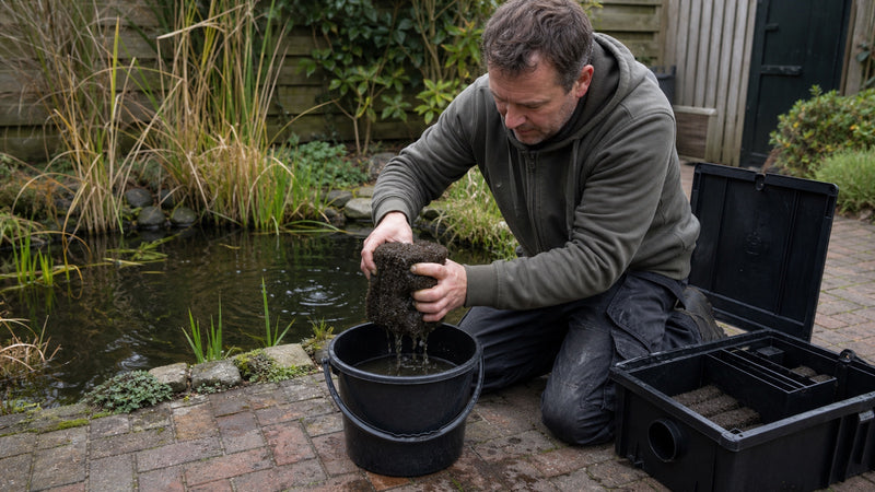Vijverbezitter spoelt een gebruikte filterspons voorzichtig uit in een emmer vijverwater naast een Nederlandse tuinvijver.