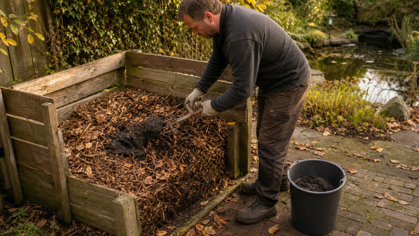 Uitgelekt vijverslib wordt gemengd met droog blad en houtsnippers op een composthoop naast een Nederlandse tuinvijver.