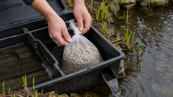 Netzak met maerl in stromend water van de laatste filterkamer naast een Nederlandse tuinvijver.