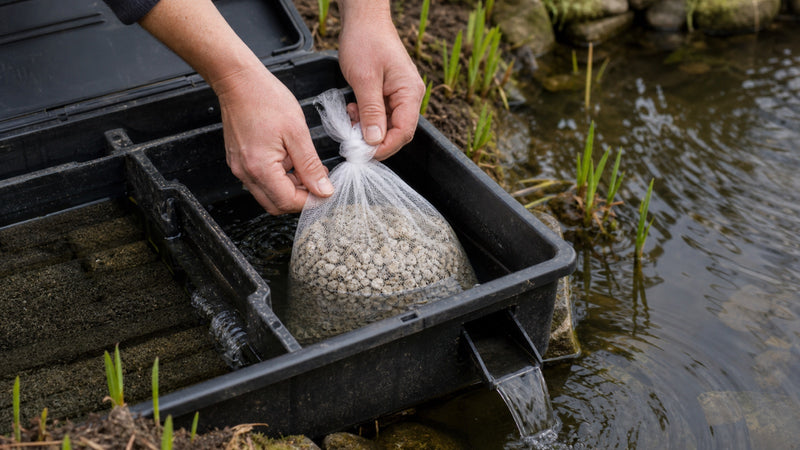 Netzak met maerl in stromend water van de laatste filterkamer naast een Nederlandse tuinvijver.
