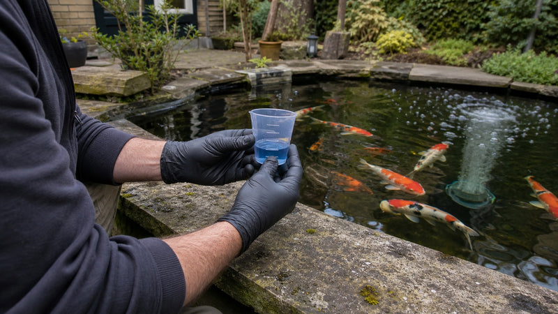 Vijverspecialist meet met nitrilhandschoenen een dosis af naast een koivijver met gezonde koi en beluchting.