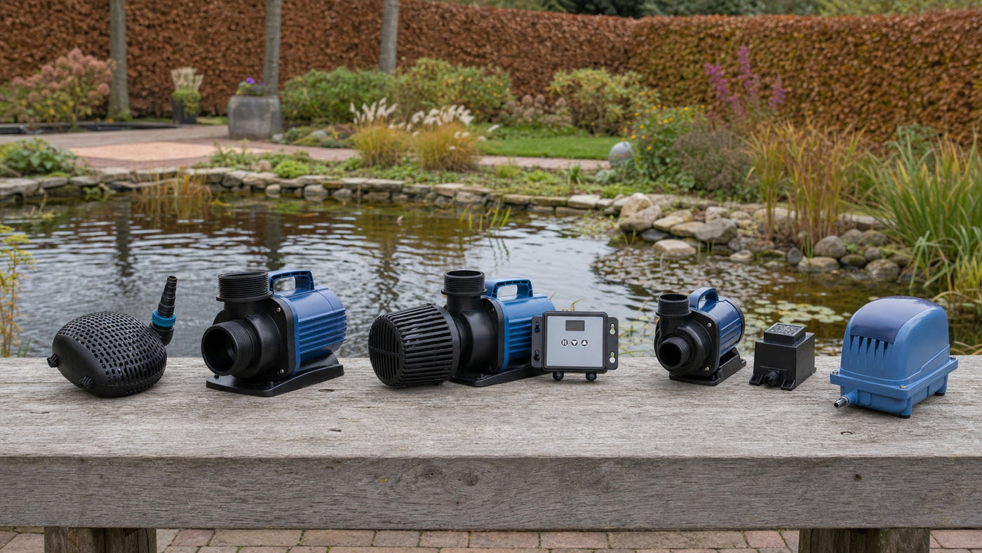 AquaForte EC, DM-E, DM Vario, LV en AP modellen naast een Nederlandse vijver