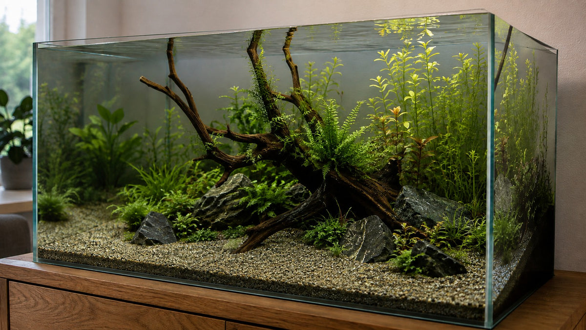 Een ingericht aquarium met oplopende grindbodem, hout, stenen en planten van laag vooraan tot hoog achterin.