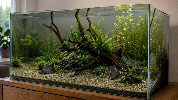 Een ingericht aquarium met oplopende grindbodem, hout, stenen en planten van laag vooraan tot hoog achterin.