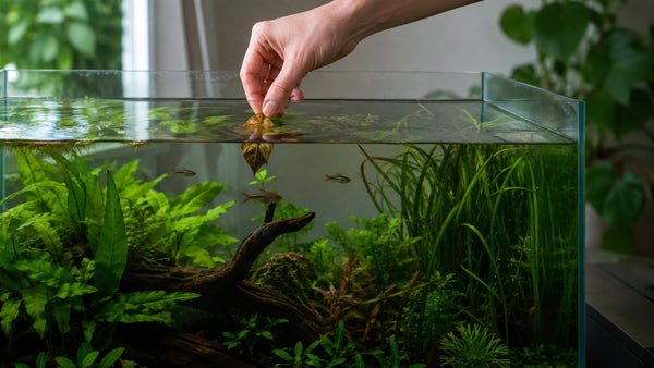 Een hand verwijdert een afgestorven blad uit een beplant aquarium tijdens het onderhoud.