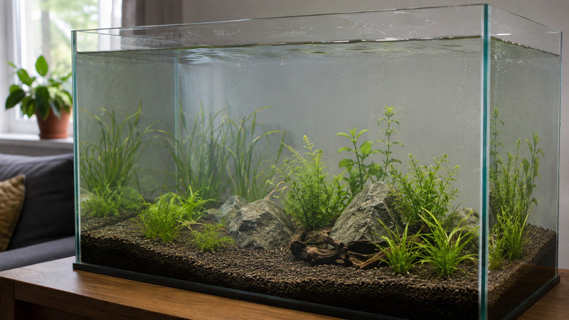 Een pas ingericht aquarium zonder vissen, met jonge planten, grind, stenen en kleine luchtbelletjes op het glas.
