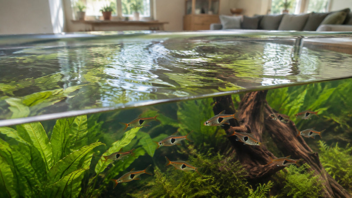 Rustige oppervlakterimpels boven kleine vissen en waterplanten in helder aquariumwater.