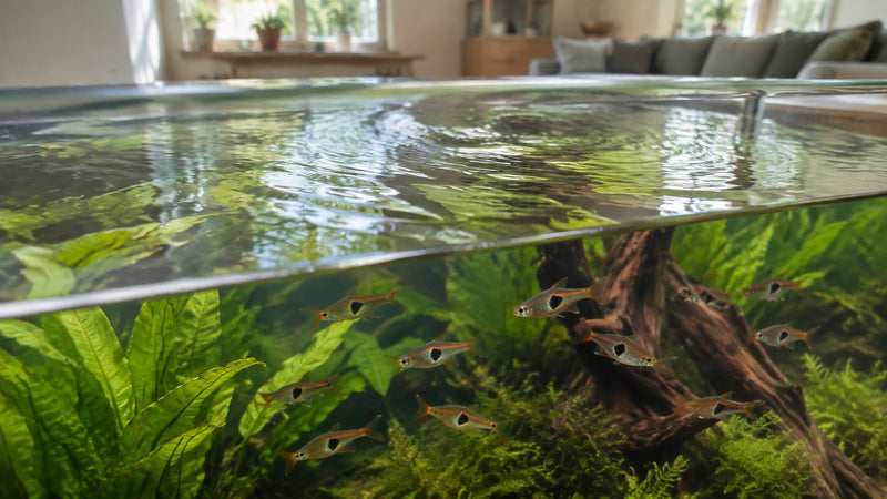 Rustige oppervlakterimpels boven kleine vissen en waterplanten in helder aquariumwater.