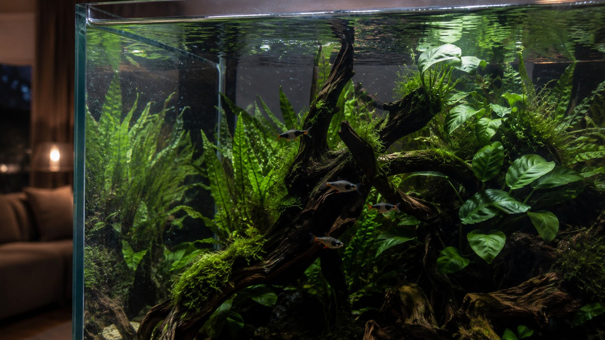 Neutraal verlichte aquariumplanten en kleine vissen in een beplant zoetwateraquarium bij schemering.