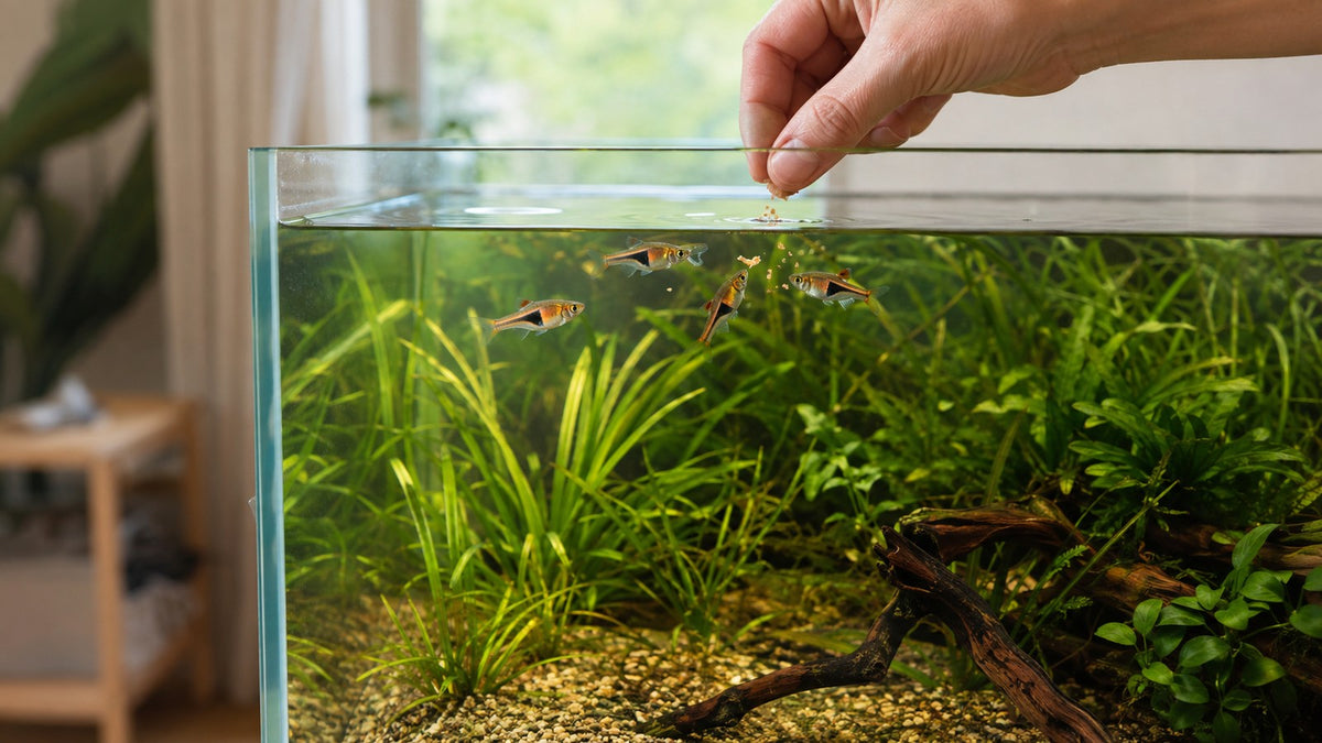 Een kleine portie vlokkenvoer voor kegelvlekbarbelen aan het wateroppervlak van een beplant aquarium.