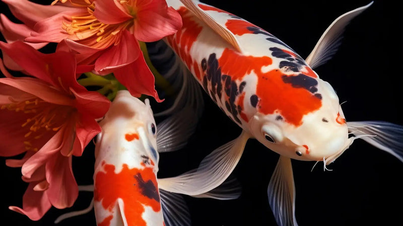 Twee butterfly koi met lange sierlijke vinnen en opvallende rood-witte patronen, naast helderrode bloemen, op een donkere achtergrond.
