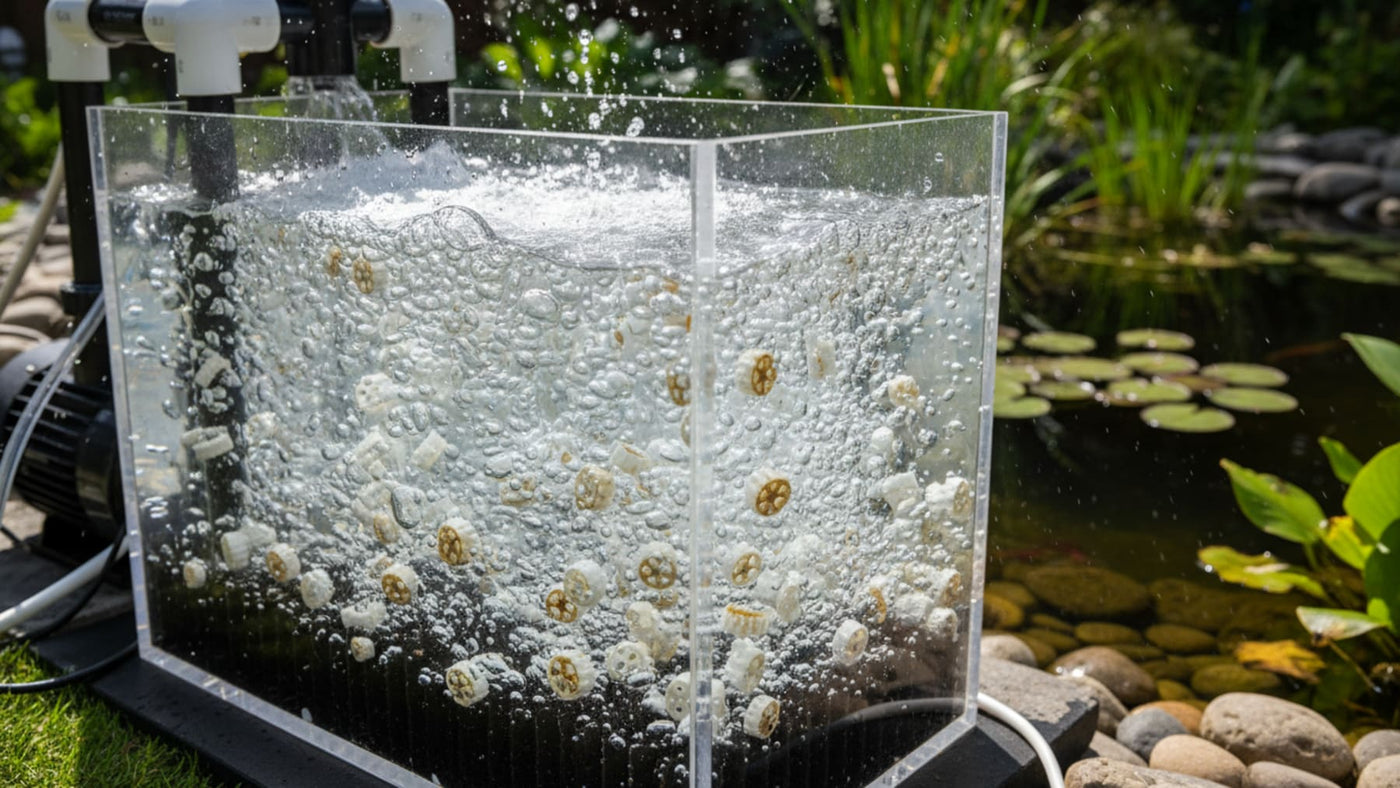 Biologisch filtermateriaal met beluchting als context voor filtratie.