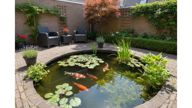 Waterplanten in en rond een kleine vijver.