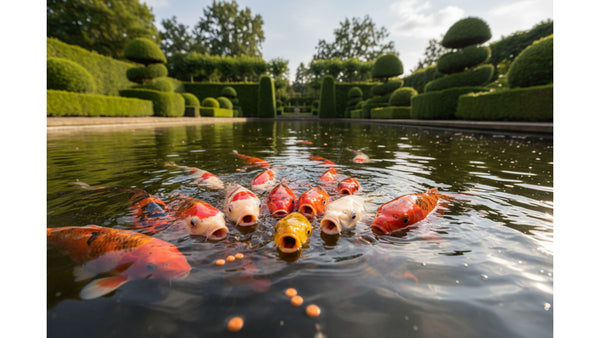 Koi eten drijvende en zinkende voerkorrels aan het wateroppervlak.