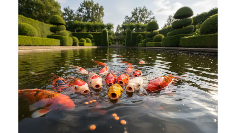 Koi eten drijvende en zinkende voerkorrels aan het wateroppervlak.