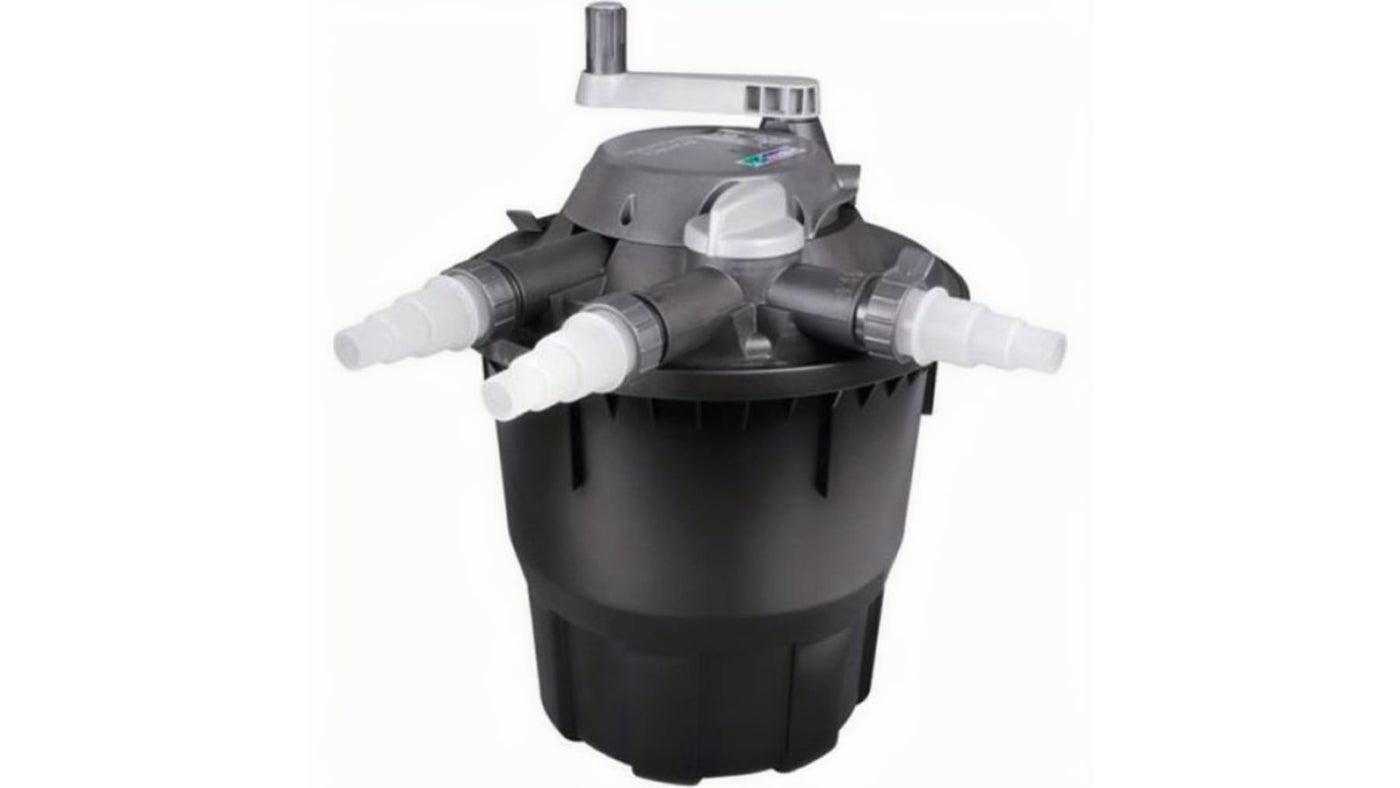 Hozelock Bioforce drukfilter als voorbeeld van een drukfilter met ontluchting.