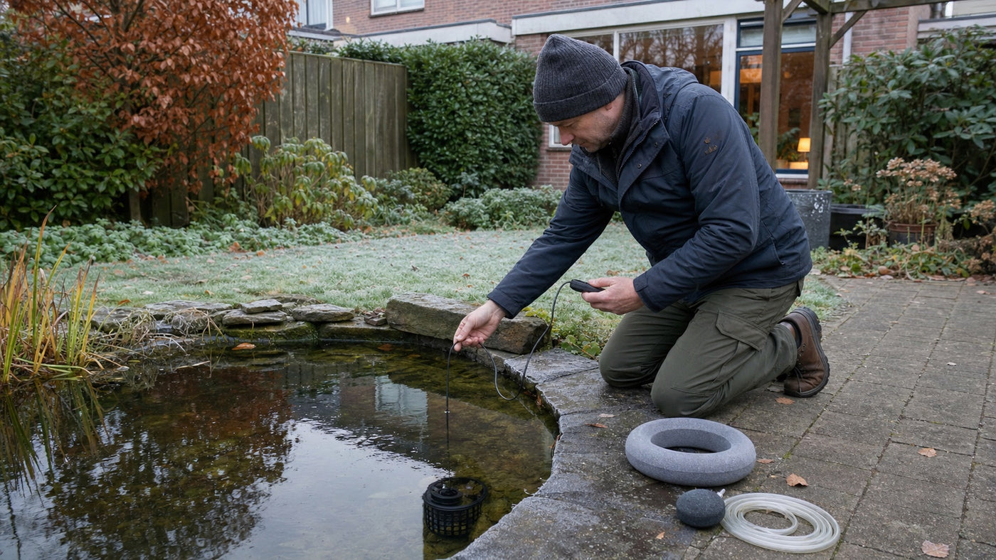 Vijvereigenaar controleert de watertemperatuur en maakt pomp en beluchting klaar voor de eerste nachtvorst