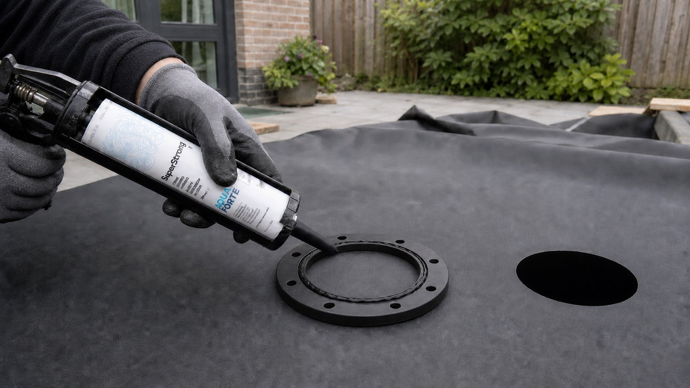 Vijverbouwer brengt AquaForte MS-polymeer aan op een klemring voor een bodemdrain in droge EPDM-vijverfolie