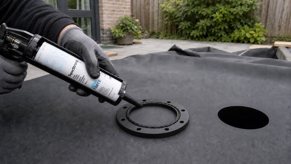 Vijverbouwer brengt AquaForte MS-polymeer aan op een klemring voor een bodemdrain in droge EPDM-vijverfolie