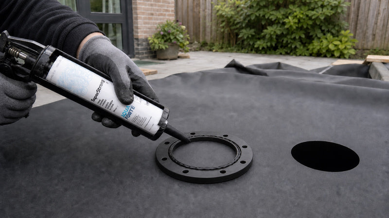 Vijverbouwer brengt AquaForte MS-polymeer aan op een klemring voor een bodemdrain in droge EPDM-vijverfolie