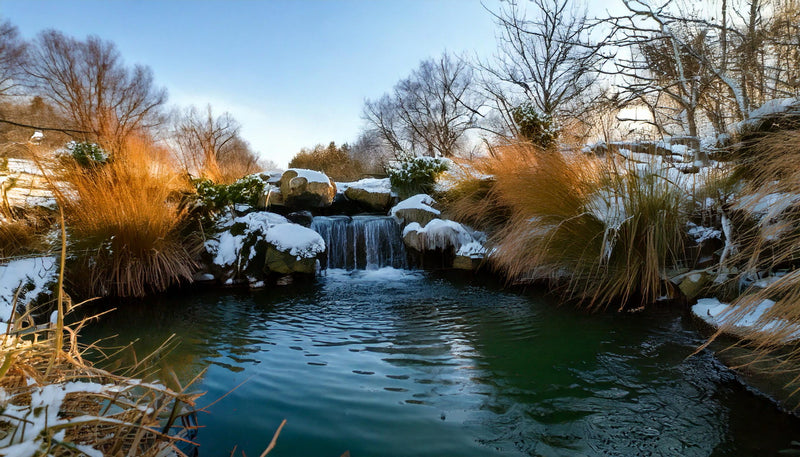Winterse vijver met kleine waterval en besneeuwde rotsen, passend bij tips voor filters onderhouden bij lage temperaturen