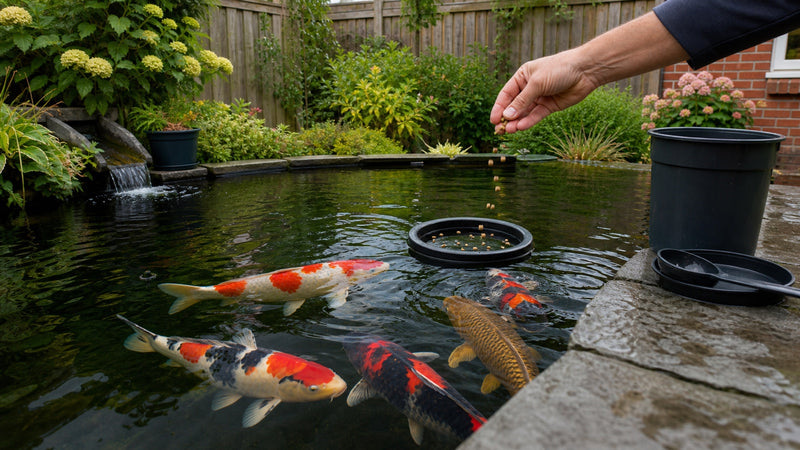 Koi krijgen een kleine portie drijvend koivoer in een voerring in een Nederlandse tuinvijver