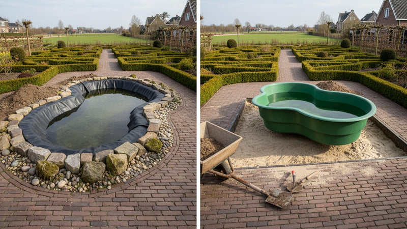 Vijverfolie en aanlegmateriaal bij de aanleg van een tuinvijver.