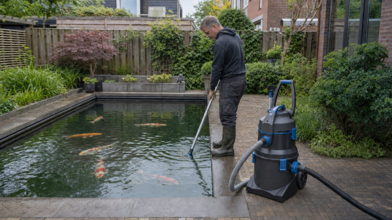Oase PondoVac 5 reinigt een grote koivijver in een Nederlandse achtertuin