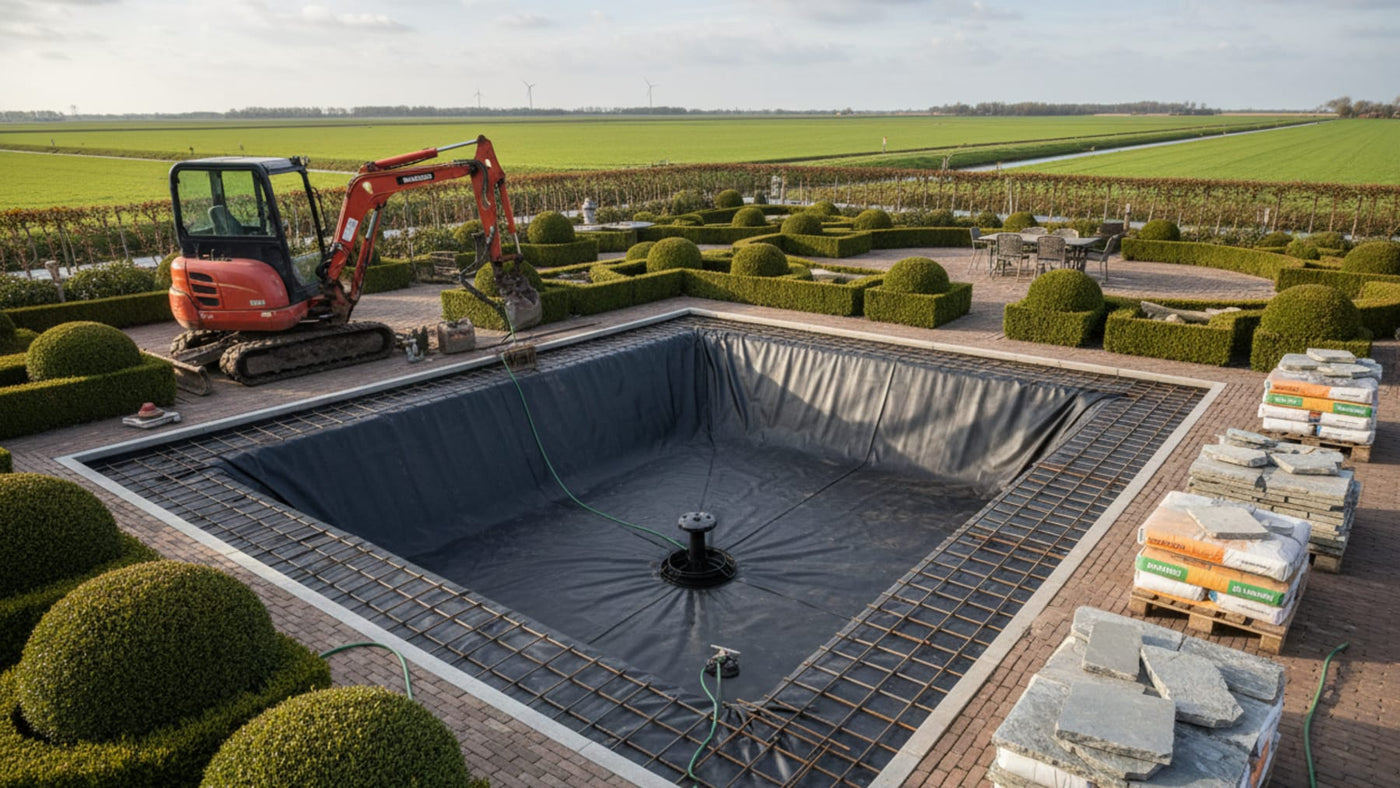 Vijveraanleg met folie en graafwerk in een tuin.