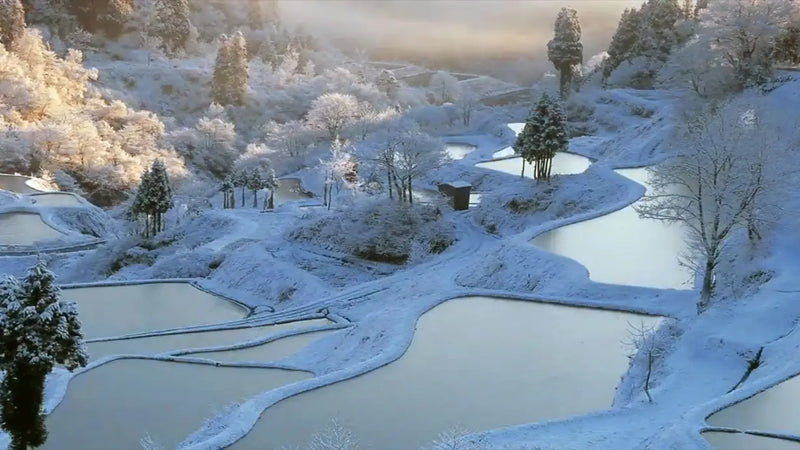 Sneeuwbedekte landschappen met meerdere vijvers, typisch voor Japanse koi-boerderijen in de winter.