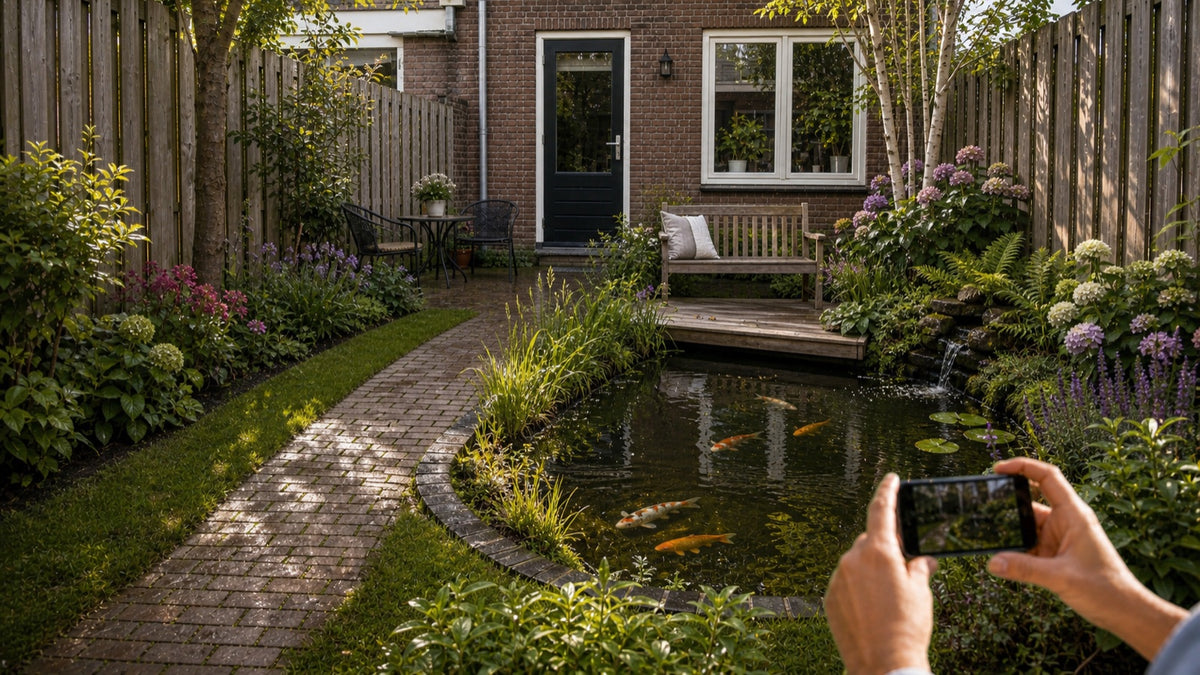 Fotogenieke koivijver in een Nederlandse achtertuin tijdens een foto-inzending