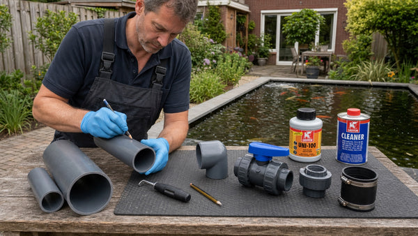 Vijverinstallateur vergelijkt 50 en 110 mm PVC met demontabele koppelingen en PVC-lijm naast een Nederlandse koivijver