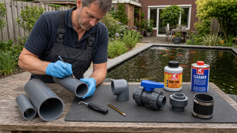Vijverinstallateur vergelijkt 50 en 110 mm PVC met demontabele koppelingen en PVC-lijm naast een Nederlandse koivijver