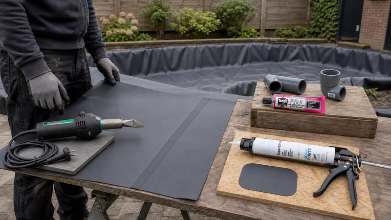 Vijverbouwer inspecteert een gelaste PVC-vijverfolienaad met heteluchtlasser, reparatiekit en harde PVC-lijm apart