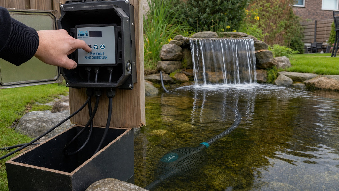 Regelbare AquaForte-vijverpomp onder water met droge controller bij een beekloop en waterval