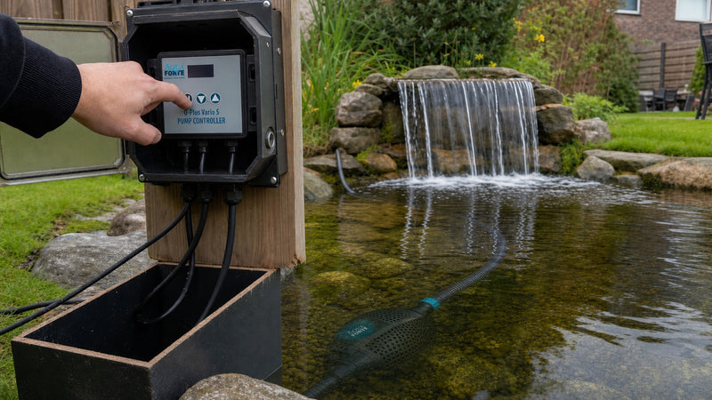Regelbare AquaForte-vijverpomp onder water met droge controller bij een beekloop en waterval