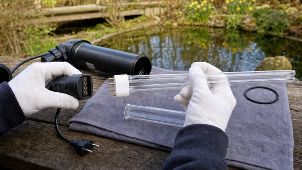 AquaForte PL-L UV-C-lamp met vier pinnen veilig vervangen naast een vijver