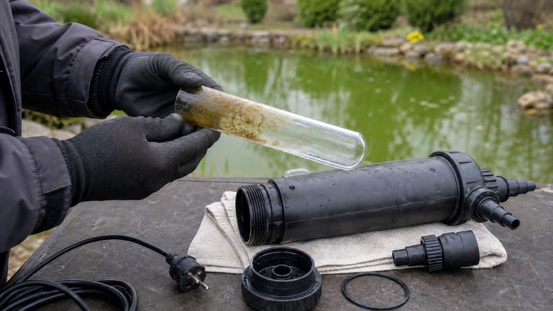 Vervuild kwartsglas uit een losgekoppelde UV-C-unit bij een vijver met groen water