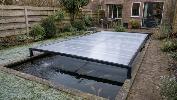 Koivijver in een Nederlandse tuin deels afgedekt met kanaalplaten en open water voor gaswisseling