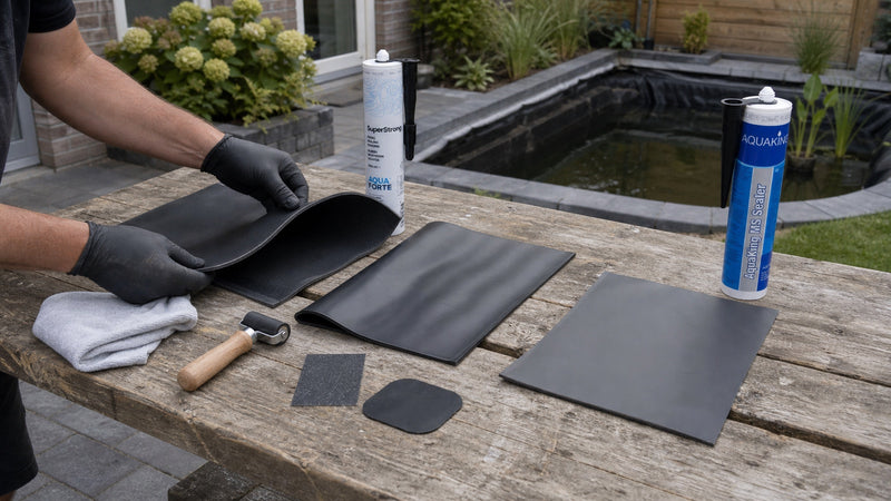 Vijverbouwer vergelijkt EPDM-, PVC- en PE-vijverfolie met passende kitproducten uit het assortiment
