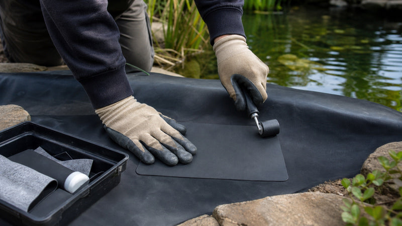 Vijverfolie repareren met een EPDM-patch aan de vijverrand