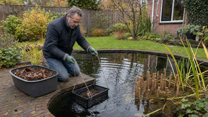 Vijvereigenaar verwijdert afgestorven blad en zet een plantenmand dieper voor de winter