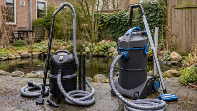 Pontec PondoMatic en Oase PondoVac 4 vijverstofzuigers vergeleken naast een tuinvijver