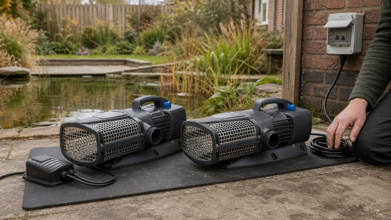 Oase-vijverpompen op 12V en 230V naast een vijver, met transformator bij het 12V-model