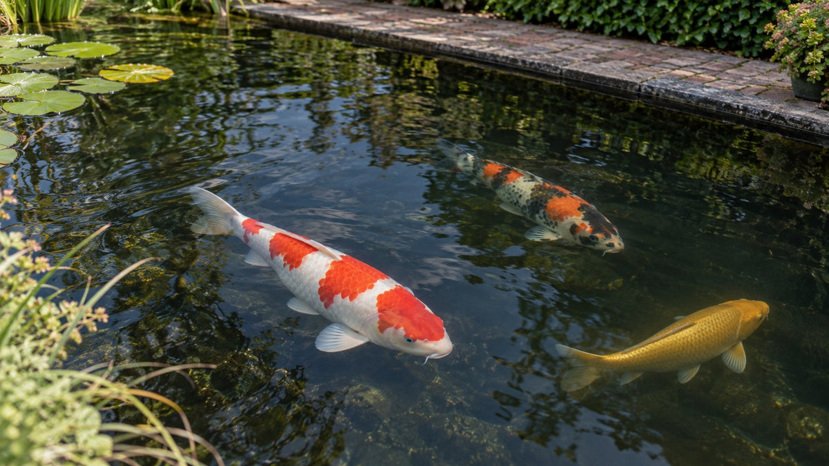 Drie koi, waaronder een rood-witte kohaku, zwemmen onder het wateroppervlak in een tuinvijver met waterlelies.