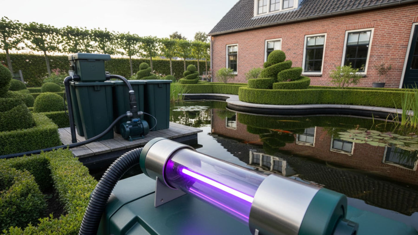 UV-C unit aangesloten op een vijverfilterinstallatie.