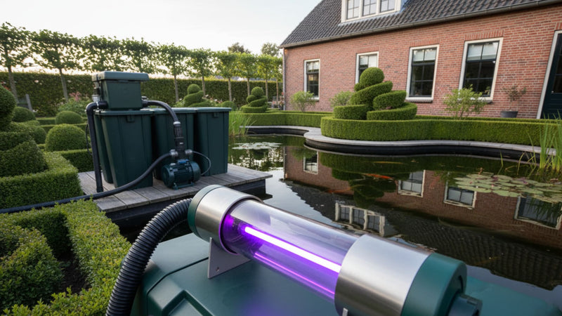 UV-C unit aangesloten op een vijverfilterinstallatie.