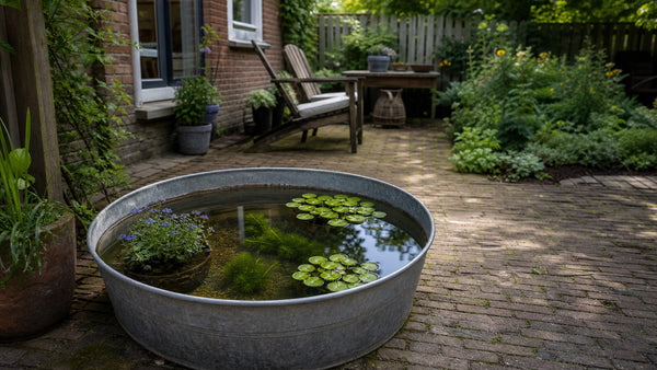 Minivijver met hoornblad, kikkerbeet en moerasvergeet-mij-nietje op een Nederlands terras